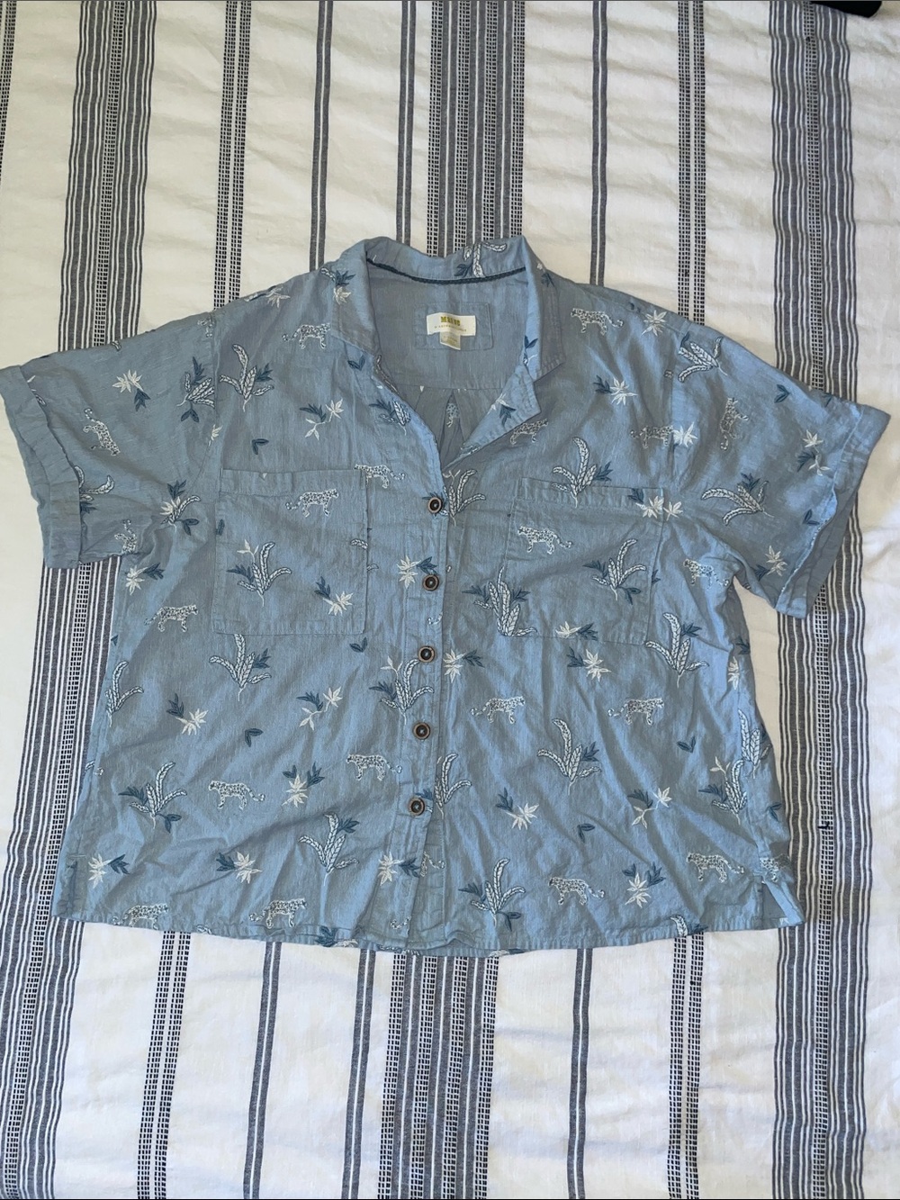 Maeve Embroidered Leopard Button-Up Shirt Blue XL